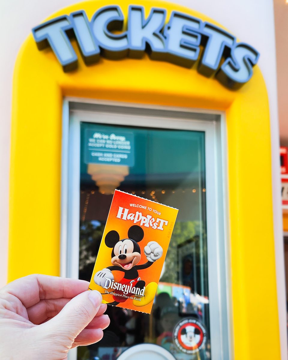 Picture of a Disneyland ticket in front of a fake ticket window in Toontown
